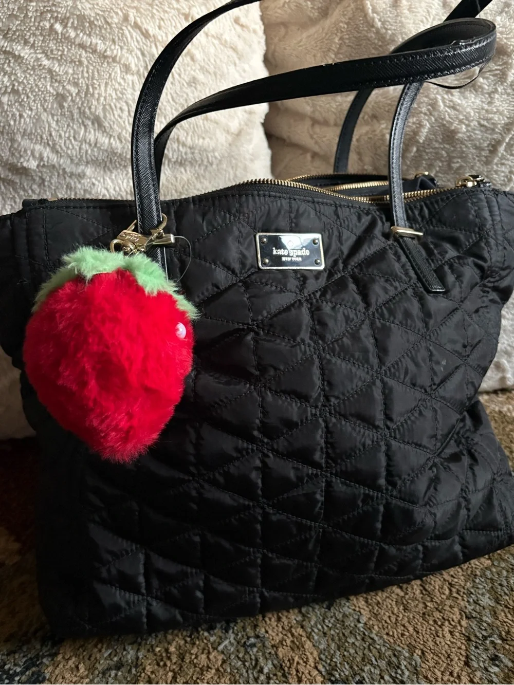 kate spade Black Quilted Tote with Strawberry Charm